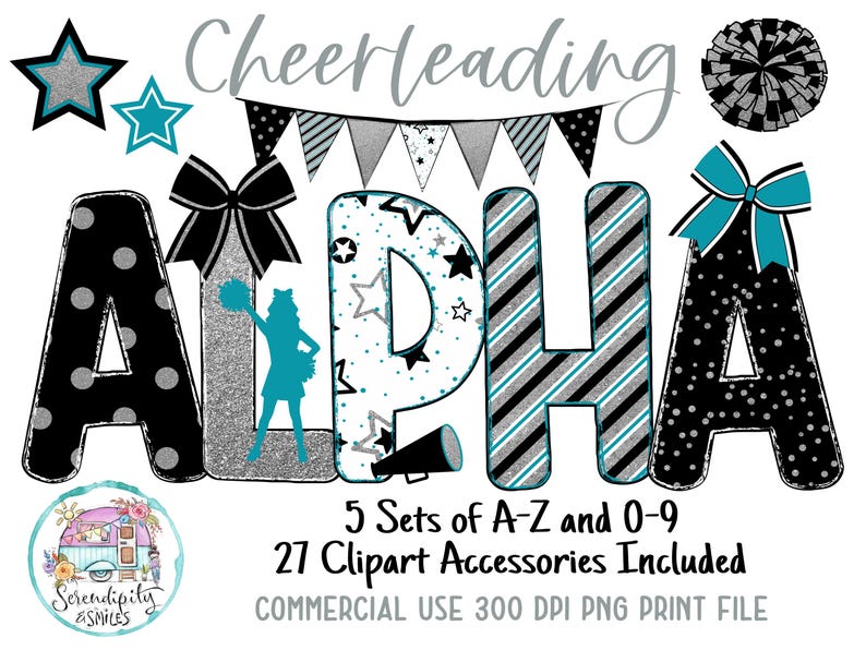 Cheerleading Doodle Alphabet Set - Black, Silver, Teal - Accessories ...