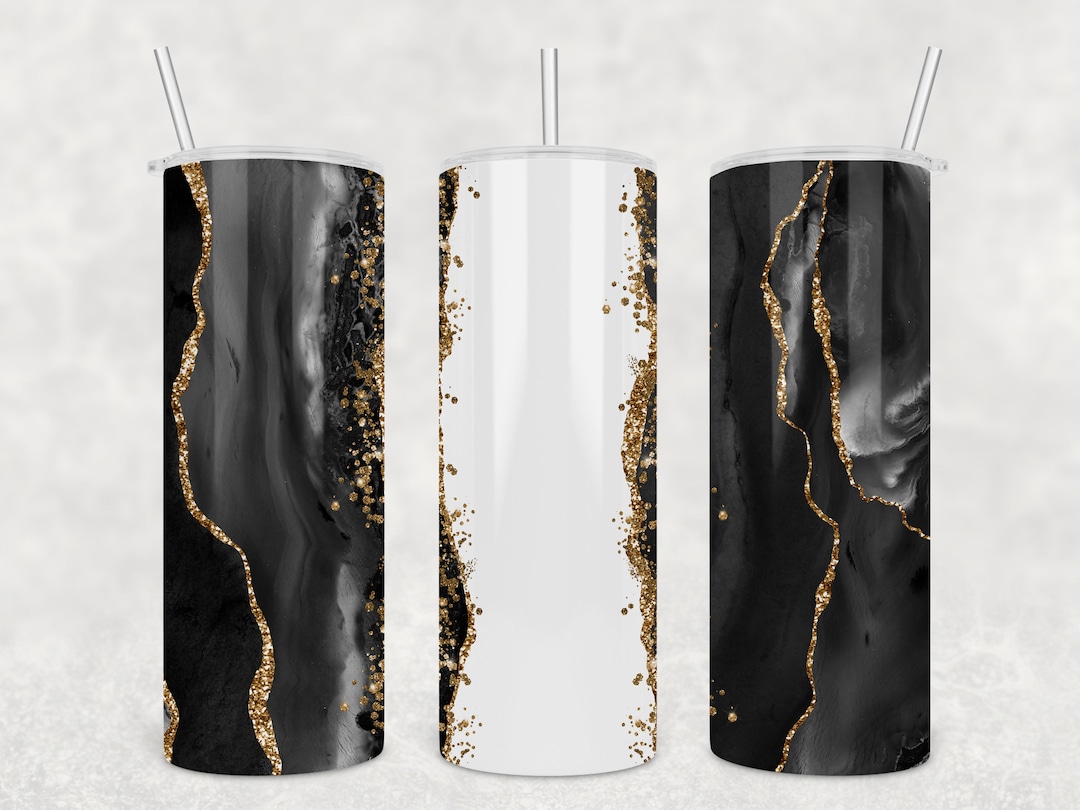 20 Oz Skinny Tumbler Template - Agate Black and Gold Glitter - PNG ...