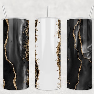 Modello di bicchiere magro da 20 once - Agata nera e glitter oro - PNG - Download digitale di design a sublimazione