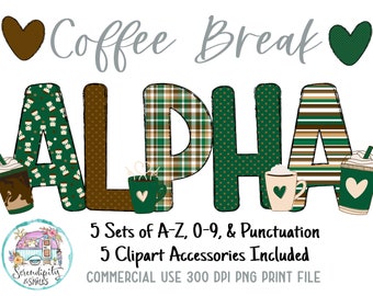 Paquete de alfabeto Coffee Break Doodle - 5 conjuntos de diseño - PNG - Sublimación o impresión - Descarga digital - Imágenes prediseñadas de café incluidas