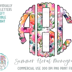 Zomer bloemen geschulpte monogram 4 - volledig alfabet individueel opgeslagen cirkel monogram letters - links midden rechts doodle letters PNG