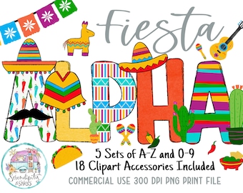 Fiesta Doodle Alphabet Set - Clipart Zubehör enthalten - PNG - Sublimation oder Druck - Digital Download - Design Elements - Cinco De Mayo