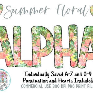 Summer Floral Doodle Alphabet 2 - Flowers PNG Letters and Numbers - Floral Sublimation Design - Hand Drawn Letters PNG - Commercial Use