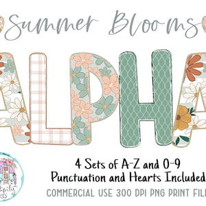 Boho Summer Blooms Doodle Alphabet Bundle 2 - 4 conjuntos de letras - PNG - Sublimación o impresión - Descarga digital - Letras del tablón de anuncios