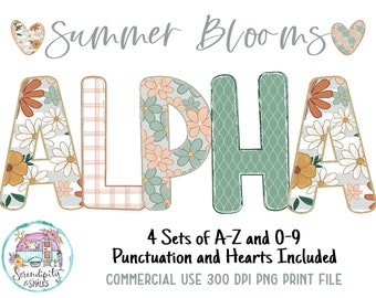 Boho Summer Blooms Doodle Alphabet Bundle 2 - 4 Letter Sets - PNG - Sublimation or Print - Digital Download - Bulletin Board Letters