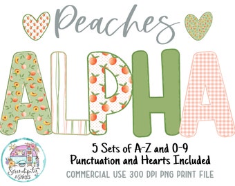 Peaches Doodle Alphabet Bundle 2 - 5 Design Sets - PNG - Sublimation or Print - Digital Download - Bulletin Board Letters