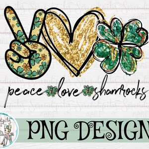 St. Patrick's Day - Peace Love Shamrocks - Sublimatie - Digitale download - Shamrock - Waterglijbaan - Planner Sticker - Clipart - Glitter
