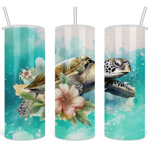 3D Sea Turtle 3 - Watercolor Ocean - 20 oz Skinny Tumbler Template - Instant Download Tumbler Straight Wrap