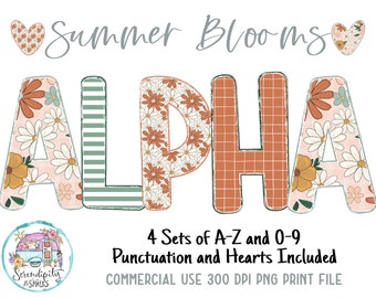 Boho Summer Blooms Doodle Alphabet Bundle 3 - 4 Letter Sets - PNG - Sublimation or Print - Digital Download - Bulletin Board Letters