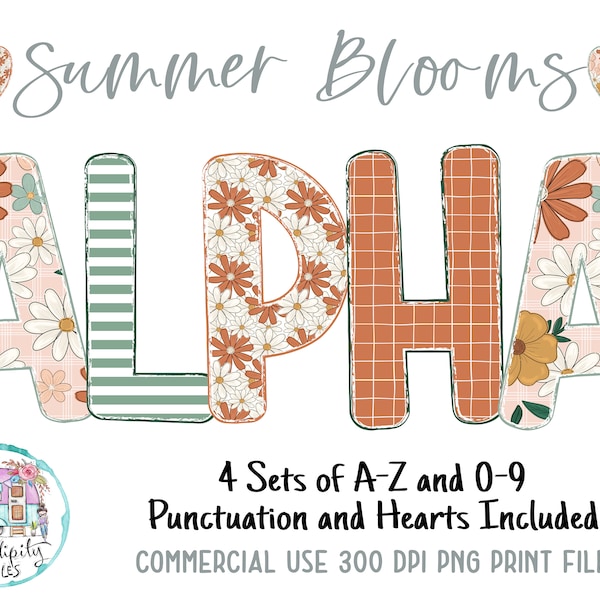 Boho Summer Blooms Doodle Alphabet Bundle 3 - 4 Letter Sets - PNG - Sublimation or Print - Digital Download - Bulletin Board Letters