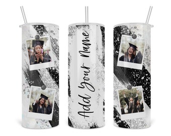 Graduation Photo Milkyway Glitter 20 oz Skinny Tumbler Template - Add Your Own Text - Graduation Tumbler Design - Black, White, Silver