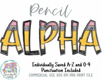 Pencil Doodle Alphabet and Number Set - PNG - Sublimation or Print - Design Elements - Back to School - Teacher - Elementary - Letters