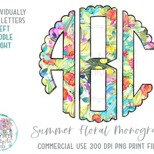 Zomer bloemen geschulpte monogram 5 - volledig alfabet individueel opgeslagen cirkel monogram letters - links midden rechts doodle letters PNG