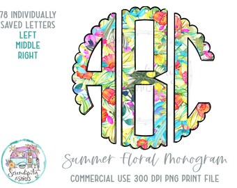 Summer Floral Scalloped Monogram 5 - Full Alphabet Individually Saved Circle Monogram Letters - Left Middle Right Doodle Letters PNG