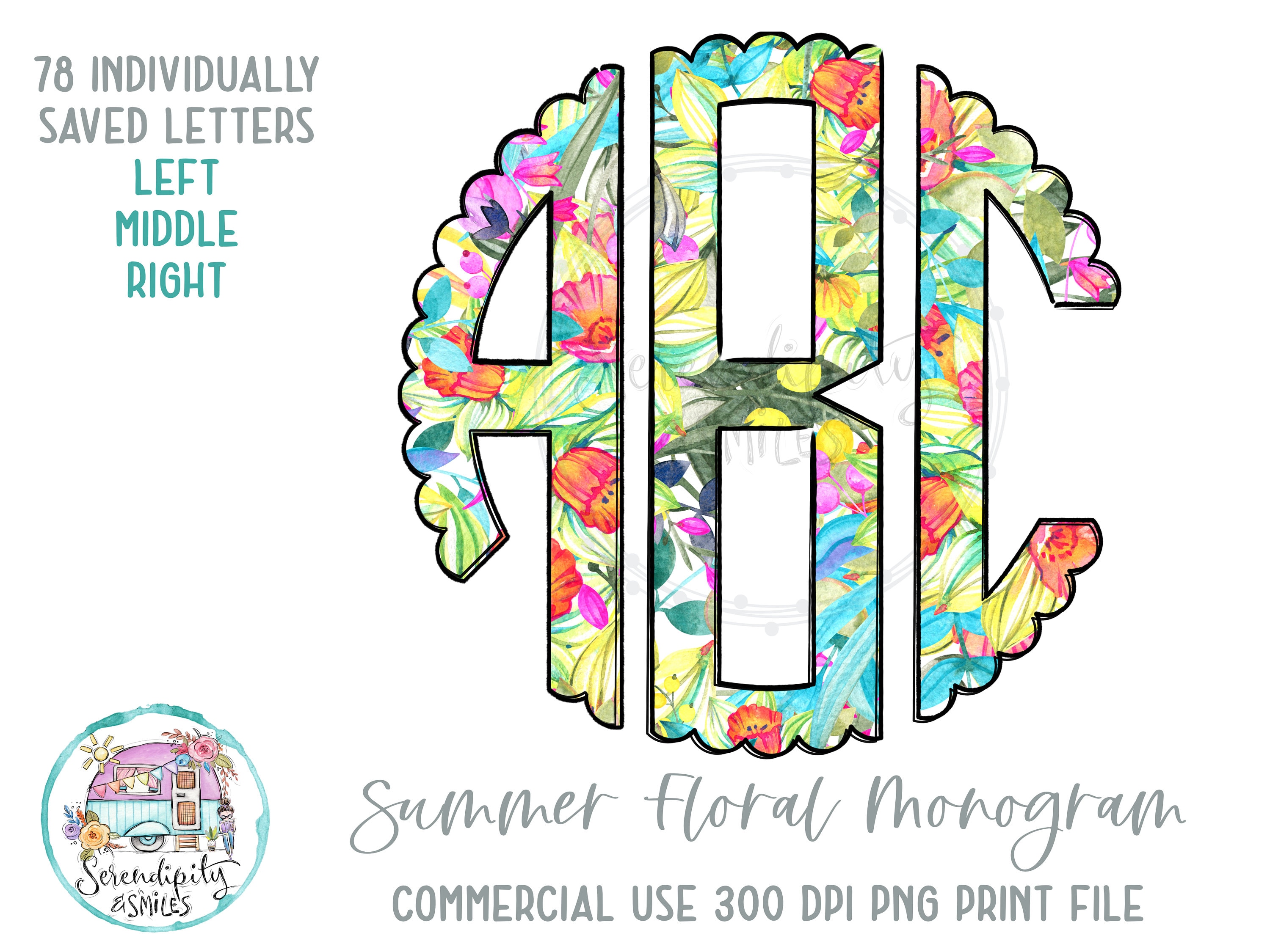 Summer Floral Scalloped Monogram 5 - Full Alphabet Individually Saved Circle Monogram Letters - Left Middle Right Doodle Letters PNG