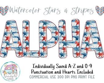 Watercolor Stars and Stripes Doodle Alphabet Bundle - 5 Design Sets - PNG - Sublimation or Print - Digital Download