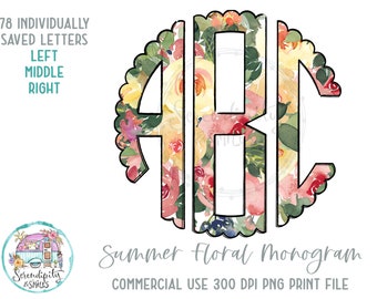 Summer Floral Scalloped Monogram 8 - Full Alphabet Individually Saved Circle Monogram Letters - Left Middle Right Doodle Letters PNG