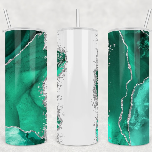 20 oz Skinny Tumbler Template - Agate Seafoam Green and Silver Glitter - PNG - Sublimation Design Digital Download