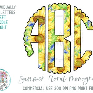 Zomer bloemen geschulpte monogram - volledige alfabet individueel opgeslagen cirkel monogram letters - links midden rechts doodle letters PNG