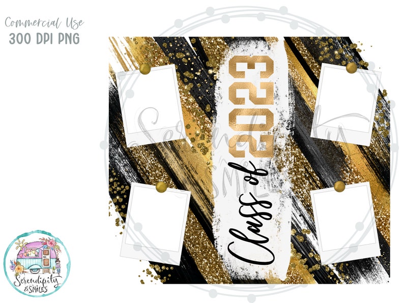 Class of 2023 Graduation Photo Milkyway Glitter 20 oz Skinny Tumbler Template Graduation Tumbler Design Black, White, Gold image 2