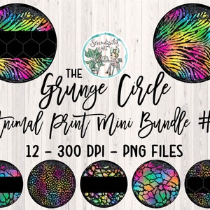May include: A set of 12 grunge animal print circle graphics in a mini bundle. The graphics are in a rainbow color scheme with black and white accents. The graphics are 300 DPI and in PNG format.