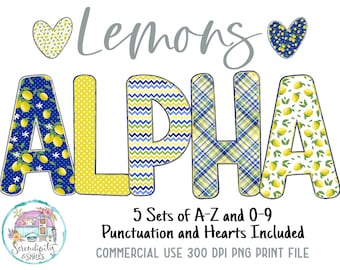 Lemons - Blue and Yellow Doodle Alphabet Bundle - 5 Design Sets - PNG - Sublimation or Print - Digital Download - Bulletin Board Letters