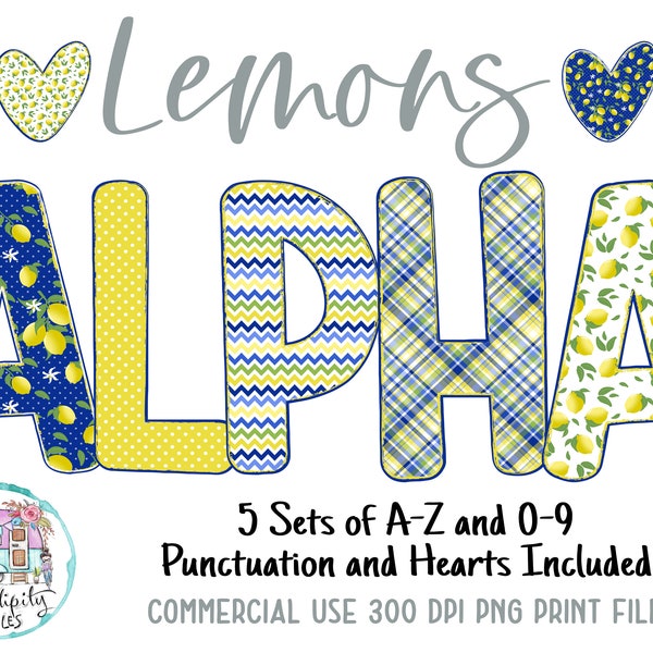 Lemons - Blue and Yellow Doodle Alphabet Bundle - 5 Design Sets - PNG - Sublimation or Print - Digital Download - Bulletin Board Letters
