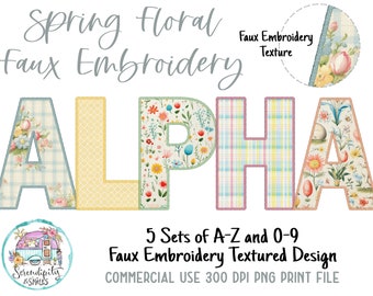 Embroidery Spring Alphabet Bundle 1 - 5 Letter Sets - PNG - Sublimation or Print - Digital Download - Faux Embroidery