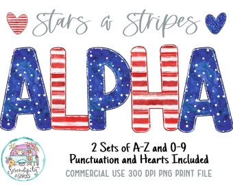 American Flag - Stars and Stripe Watercolor Doodle Alphabet Bundle - 5 Design Sets - PNG - Sublimation or Print - Digital Download