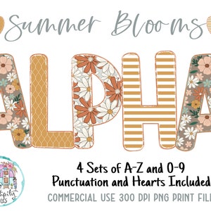Boho Summer Blooms Doodle Alphabet Bundle 1 - 4 conjuntos de letras - PNG - Sublimación o impresión - Descarga digital - Letras del tablón de anuncios