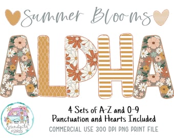 Boho Summer Blooms Doodle Alphabet Bundle 1 - 4 Letter Sets - PNG - Sublimation or Print - Digital Download - Bulletin Board Letters