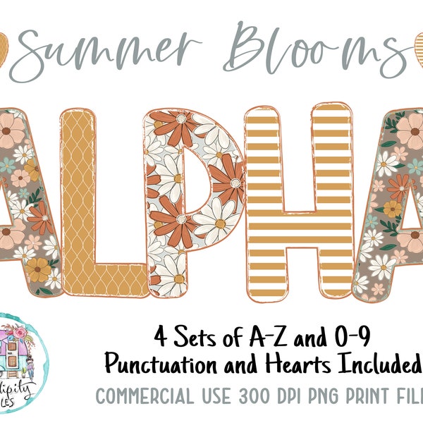 Boho Summer Blooms Doodle Alphabet Bundle 1 - 4 Letter Sets - PNG - Sublimation or Print - Digital Download - Bulletin Board Letters