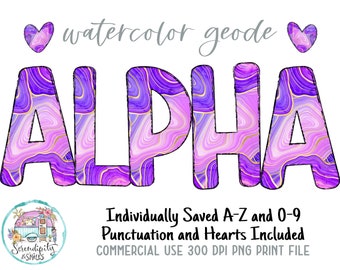 Watercolor Agate Doodle Alphabet Set - PNG - Sublimation or Print - Digital Download - Design Elements - Pink - Purple - Gold