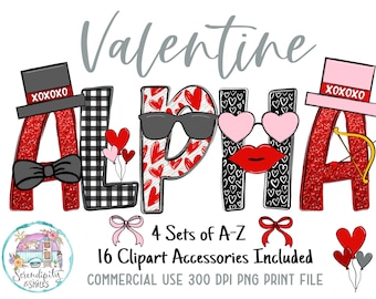 Valentine Doodle Alphabet Set - Accessories Included - PNG - Sublimation or Print - Digital Download - Design Elements