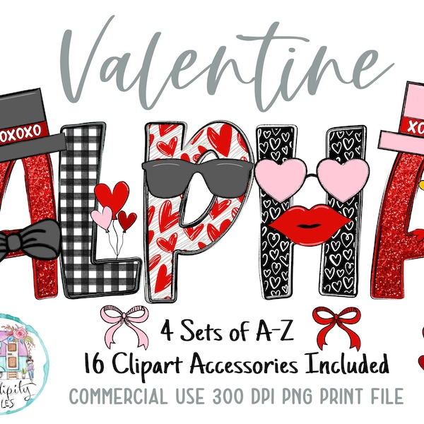 Valentine Doodle Alphabet Set - Accessoires inbegrepen - PNG - Sublimatie of Print - Digitale download - Design Elements