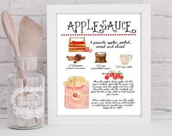 Applesauce Recipe Kitchen Decor Art Printable -  Fall Kitchen Decor - Watercolor Fruit - Autumn Style - Gift Idea - Teacher Applesauce print