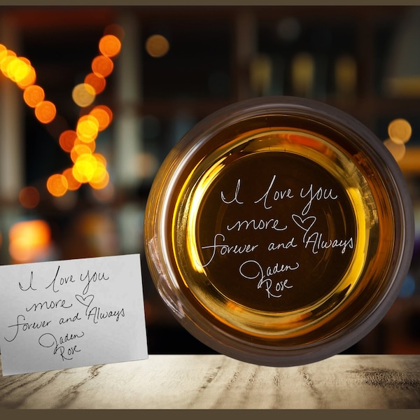 Laser Etched Handwriting on Bottom of Rocks Glass  - Secret Message Rocks Glass - Engrave Your Handwritten Message on Bottom of Rocks Glass