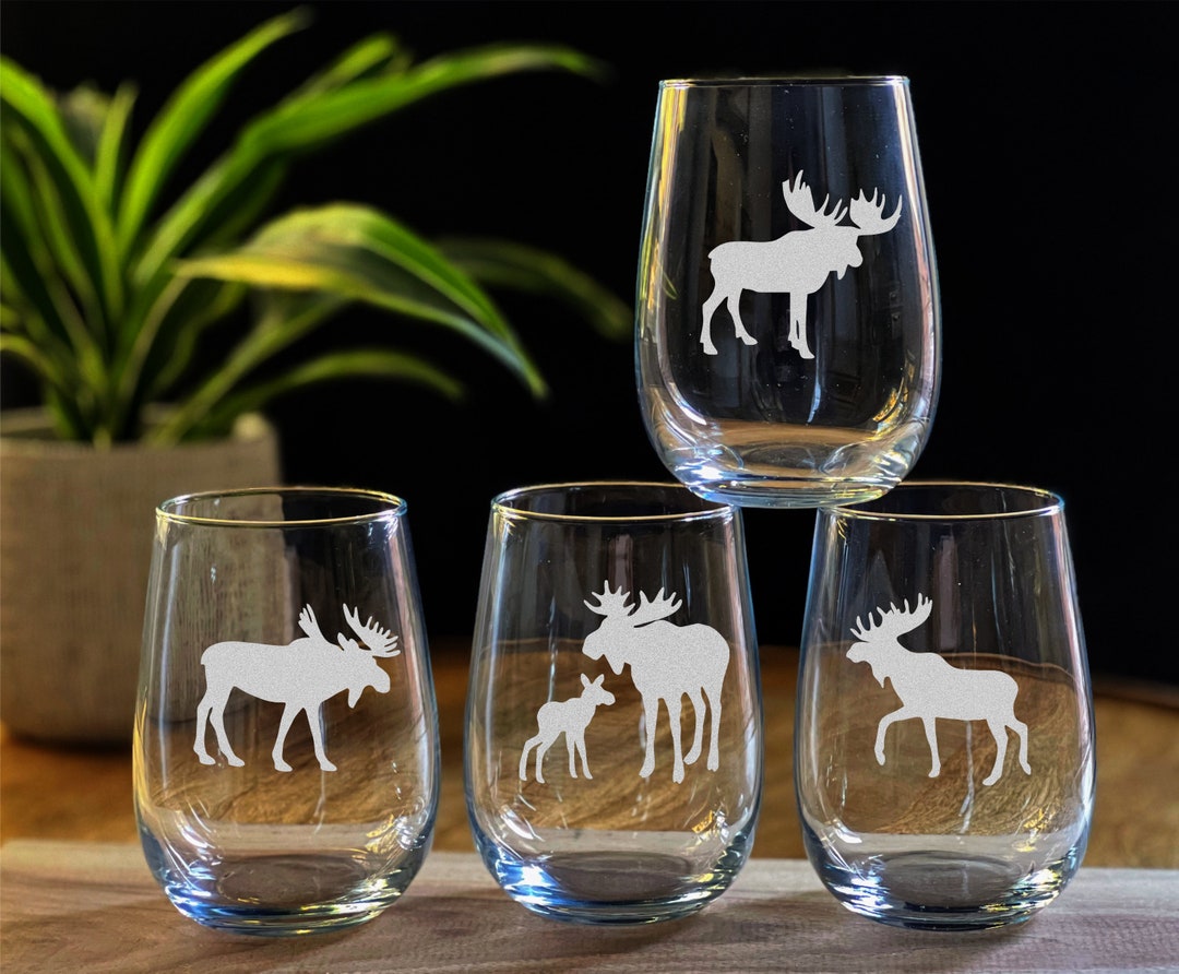 Set of 4 MOOSE Wine Glasses ETCHED Whiskey, Pint, Wine Customizable