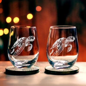 Set of 2 Sea Turtle Wine Glass, Sea Turtle Whiskey Glass, Sea Turtle Pint Glass - Hand Drawn, LASER ENGRAVED - Dishwasher Safe
