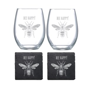 Bee Happy Wine Glass and Coaster Set - Bee Gift Set - Great Gift for Bee and Nature Lovers - LASER ENGRAVED - Dishwasher Safe