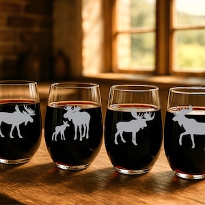 Etched Moose Glass Set: Whiskey, Pint, Wine - Mountain Theme