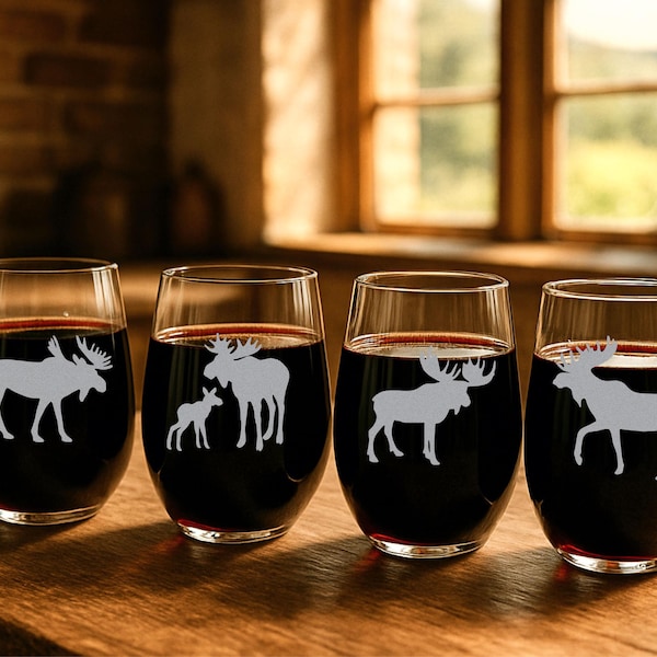 Etched Moose Glass Set: Whiskey, Pint, Wine - Mountain Theme