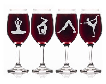 Yoga Wine Glass, Set of 4 Yoga Pose Wine Glass, Yoga Pint Glass - Gift for Yoga Lover - FREE SHIPPING Dishwasher Safe -0017