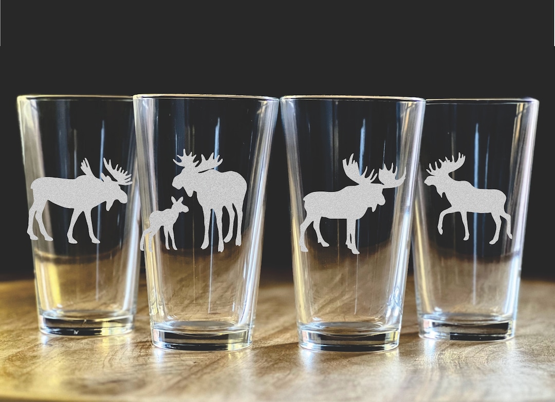 Moose Themed Cup Set of 4 MOOSE Glasses ETCHED Whiskey, Pint, Wine