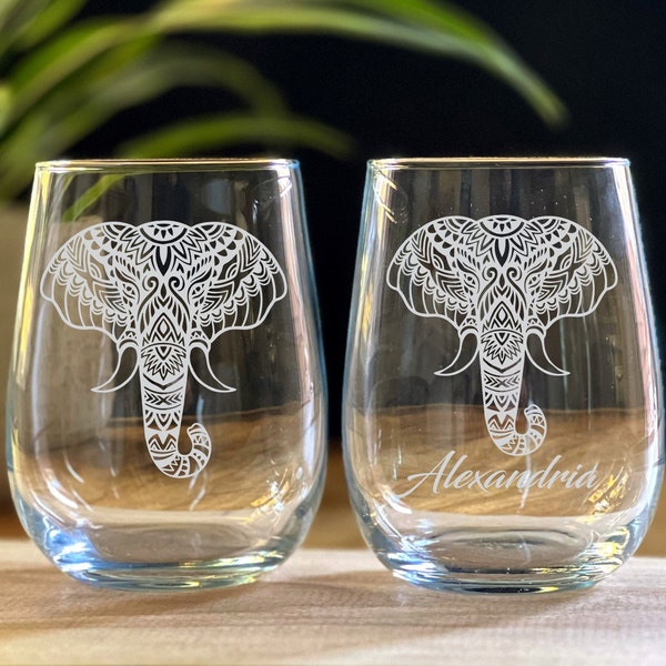 Mandala Elephant Wine Glass, Elephant Whiskey Glass, Elephant Pint Glass - Gift for Elephant Lover - FREE SHIPPING Dishwasher Safe -0016