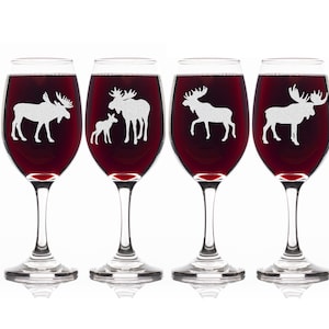 Moose Wine Glass, Set of 4 Moose Themed Wine Glass, Laser Engraved - Gift for Moose Lovers - FREE SHIPPING -0016