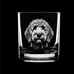 Goldendoodle / Labradoodle Whiskey Glass – 10.5oz Laser Engraved Etched Glass – Hand Illustrated Dog Lover Gift