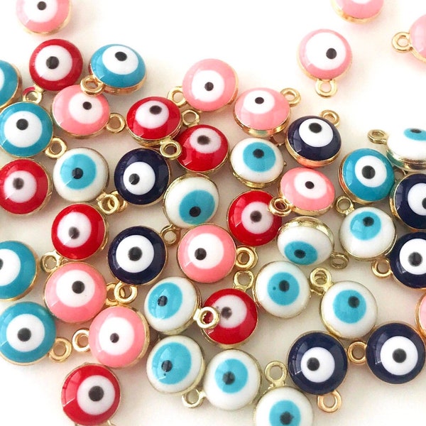 Mini Evil Eye Charm Gold Plated-Double Sided Evil Eye Pendant-Bulk For Bracelet Necklace 8mm