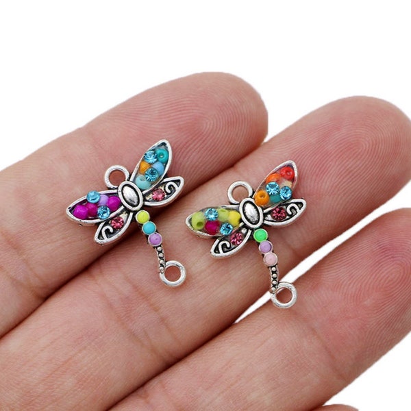 2 Dragon fly Charm Connector With Crystal Silver Plated For Bracelet Making