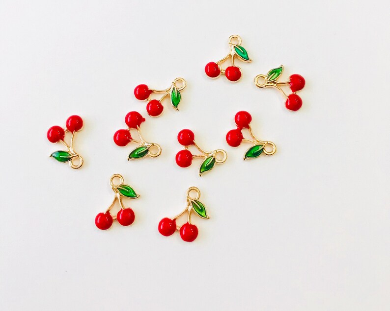 5,10,20 Cherry Charm-Enamel Charm-Fruit Cherry Pendant Gold Plated Bulk image 2